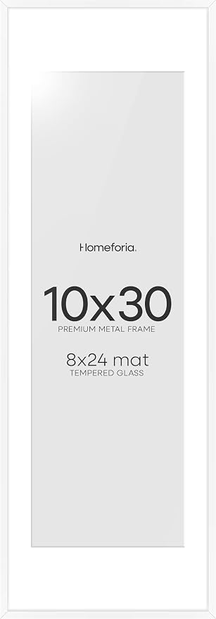 Homeforia 10x30 Picture Frame White, High End Metal 10x30 Poster Frames with Mat 8x24 inch Photo, 10 x 30 White Frames Matted to 8 by 24 Print, 30x10 Panoramic Frames, Tempered Glass, Wall Kit, Set of 2