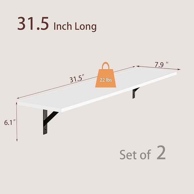 DINZI LVJ Long Wall Shelves, 31.5 x 7.9 x 6.1 Inches, Set of 2 White Floating Shelves, Easy-to-Install, Large Storage Ledges with Sturdy Metal Brackets for Living Room, Bathroom, Bedroom, Kitchen