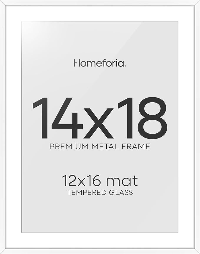 Homeforia 14x18 Picture Frame White, High End Metal 14x18 Poster Frames with Mat 12x16 Photo, 14 x 18 White Frame Matted to 12 by 16 Print, 18by14 Thin Hanging Frames, Tempered Glass, Wall Kit, Set of 2