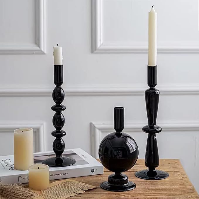 Candle Stick Candle Holder, Glass Candle Holders for Table Centerpiece, Modern Style Black Candle Holder Mixed 4pcs