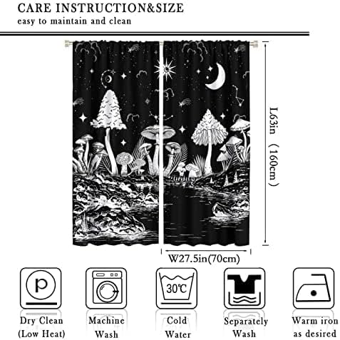 Black White Mushroom Curtains,Mountain with Pine Trees and Lake Landscape Window Drapes,Boho Galaxy Star Print Blackout Window Treatment for Bedroom Living Room College Dorm 55x63in