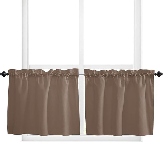 24 Inch Long Tier Curtains for Kitchen, Solid Color Brown Bathroom Window Curtains Rod Pocket Short Curtains Window Treatment Tiers for Living Room Farmhouse 2 Panels