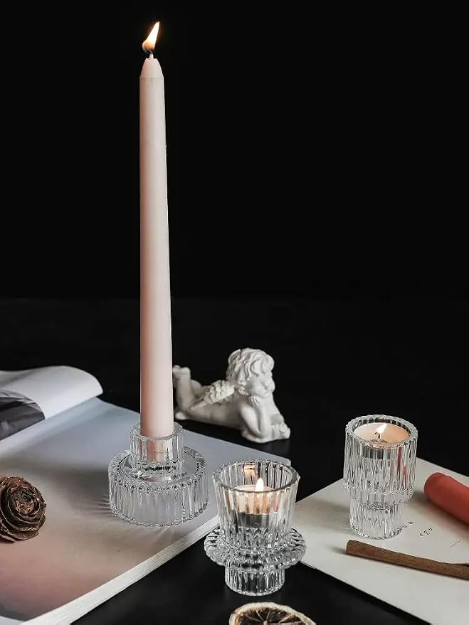 Vixdonos Glass Candlestick Holders Tealight Candle Holders for Table Centerpieces, Wedding Decor and Dinner Party (6 Pcs, Clear)