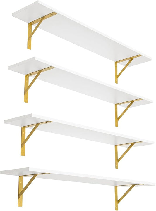 DINZI LVJ Long Wall Shelves, Set of 4, 39.4Inch Wall Mounted Shelves, Floating Shelves for wall Storage with Metal Brackets, for Living Room, Bathroom, Bedroom, Kitchen, White and Gold