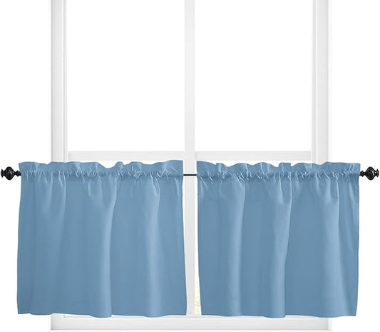 24 Inch Long Tier Curtains for Kitchen, Solid Color Dusty Blue Bathroom Window Curtains Rod Pocket Short Curtains Window Treatment Tiers for Living Room Farmhouse 2 Panels