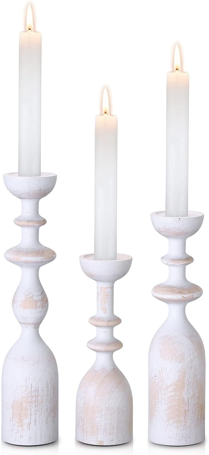 HOWSILAY Wood Farmhouse Candle Holders, Set of 3 Candlestick Holder, White | Solid Handcrafted Wood, 3 Assorted Heights, Fits Taper/LED Tea Light/Pillar Candles, Rustic & Modern Home Decor, Gift Box