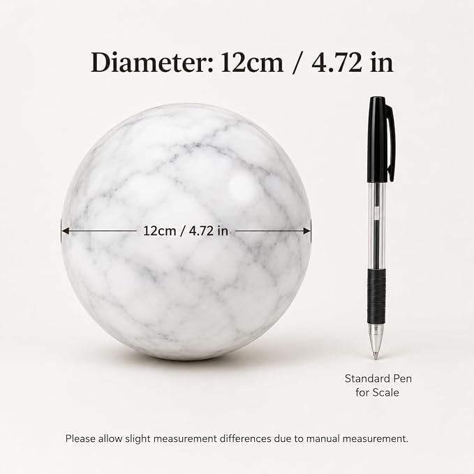 White Marble Decorative Sphere, 12cm Natural Stone Orb | 4.72 in Solid Stone Accent Ball for Console Table, Coffee Table Centerpiece and Entryway Decor
