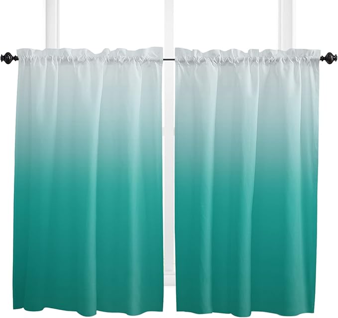 45 Inch Long Tier Curtains for Kitchen, Cyan Turquoise Gradient Bathroom Window Curtains Rod Pocket Short Curtains Window Treatment Tiers for Living Room Farmhouse 2 Panels