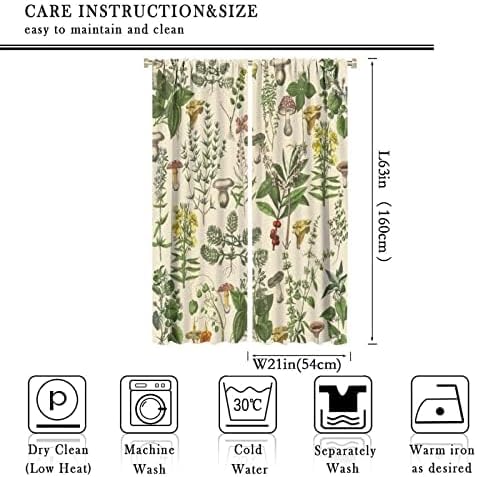 Vintage Botanical Curtains,Antique 1900s Plants Herbs Mushroom Blackout Window Drapes for Kitchen,Boho Retro Wildflower Green Leaf Ferns Farmhouse Window Treatment for Living Room 42x63in