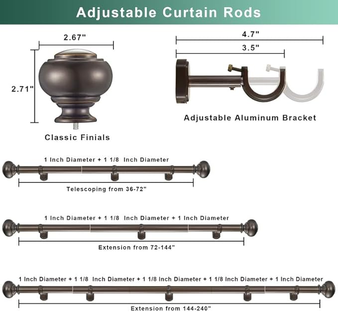 1 1/8 Inch Heavy Duty Curtain Rods, Extra Long Curtain Rod for Window 144-240 Inch(12-20ft), Telescoping Drapery Rods with Classic Finials and Adjustable Aluminum Alloy Brackets, Antique Brown