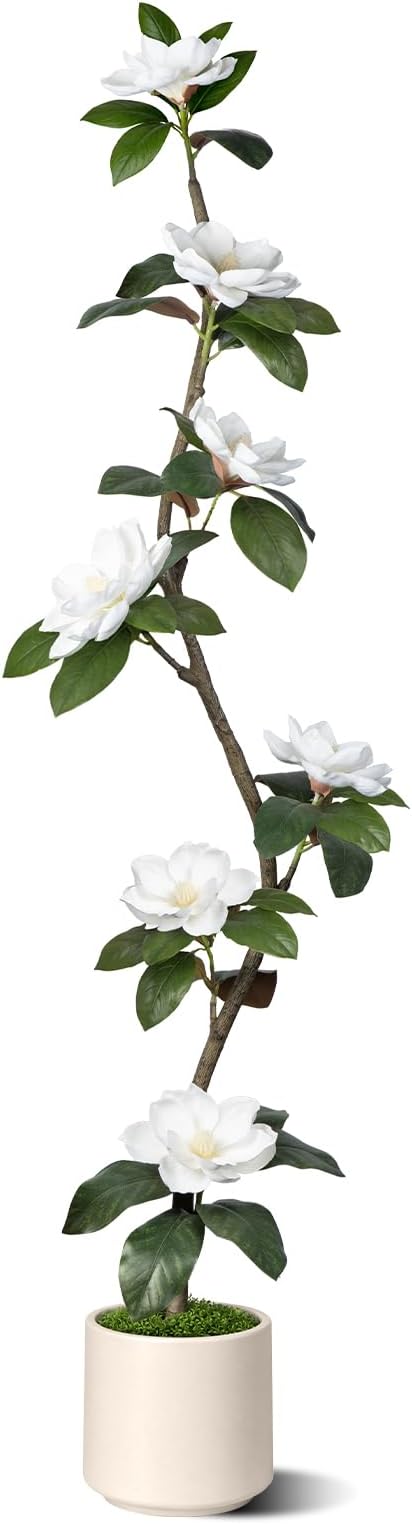 Rubber Tree 4.6 FT Artificial Tree in Planter Pot, Faux Plants Indoor Faux Floor Plant Artificial Plants with 7 Pcs Calla Lily Flowers for Home Office Living Room Decor Indoor