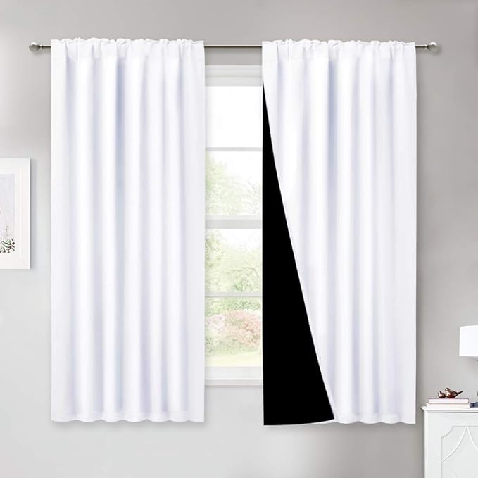 NICETOWN 100% Blackout Window Curtain Panels, Cold and Full Light Blocking Drapes with Black Liner, 45 Inches Drop Thermal Insulated Draperies for Cafe (White, 2 Pieces, 52 inches Wide Each Panel)