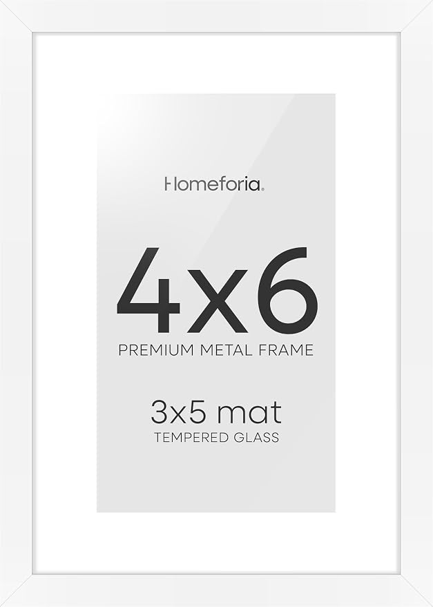 Homeforia 4x6 Picture Frame White, High End Metal 4 x 6 White Frames with Mat 3 x 5 for Art, 4x6 Desk Frame Matted to 3x5 inch Photo, 4 by 6 Wall or Tabletop Frames, Tempered Glass, Wall Kit, Set of 2
