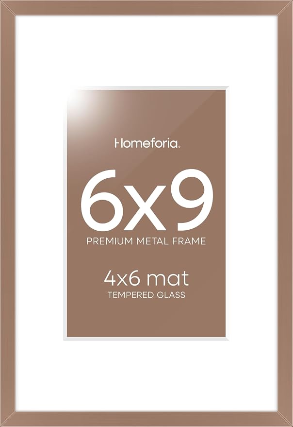 Homeforia 6x9 Picture Frame Mocha, High End Metal 6 x 9 Frames with Mat 4 by 6 for Print, Photo Frame 6x9 Mocha Matted to 4x6 inches Art, 6by9 Wall or Tabletop Frames, Tempered Glass, Wall Kit, Set of 1