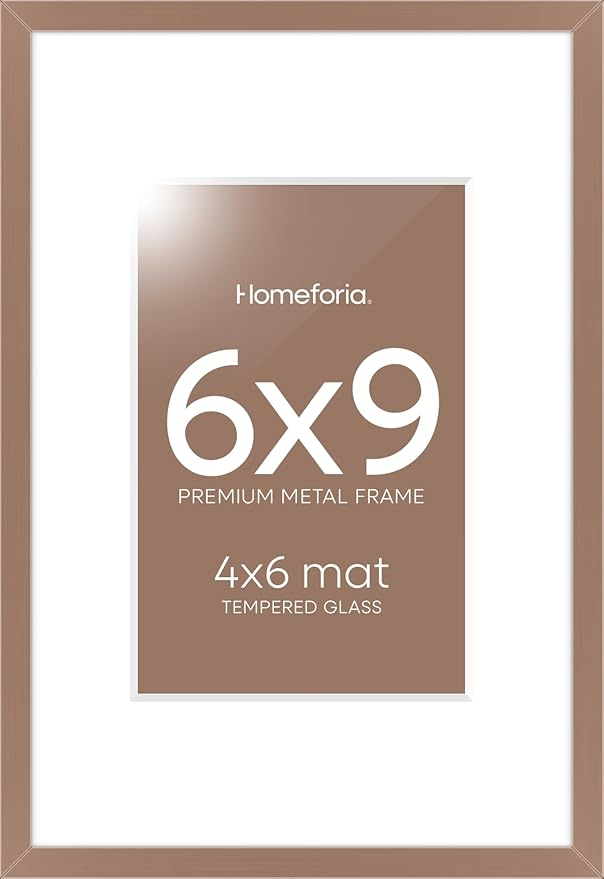 Homeforia 6x9 Picture Frame Mocha, High End Metal 6 x 9 Frames with Mat 4 by 6 for Print, Photo Frame 6x9 Mocha Matted to 4x6 inches Art, 6by9 Wall or Tabletop Frames, Tempered Glass, Wall Kit, Set of 2