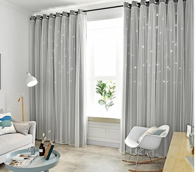 Greyish Star Blackout Curtains 120 Length for Boy Bedroom 2 Panels Set, Privacy Boho Room Darkening Curtain for Glass Door, Thick Grommet Top Star Cutout Cute Kids Curtain (40" W x 120" L)