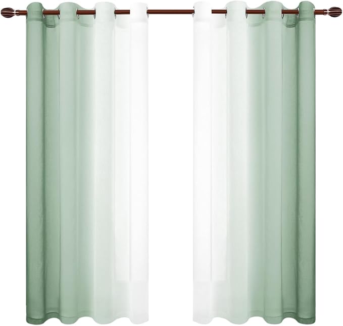 DWCN Light Sage Faux Linen Ombre Sheer Curtains - Gradient Semi Voile Curtains for Bedroom and Living Room, Set of 2 Grommet Top Window Curtain Panels, 52 x 72 Inches Long, Sage Green