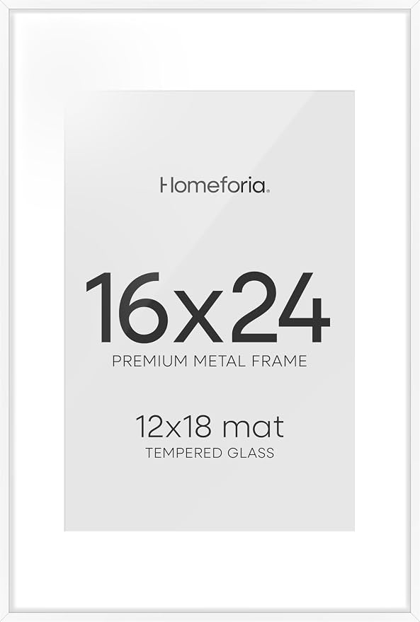 Homeforia 16 x 24 Picture Frame White, High End Metal 24x16 Poster Frame, 16 x 24 White Frames Matted to 12 by 18 inch Print, 24by16 Thin Frame with Mat 12x18 Photo, Tempered Glass, Wall Kit, Set of 2