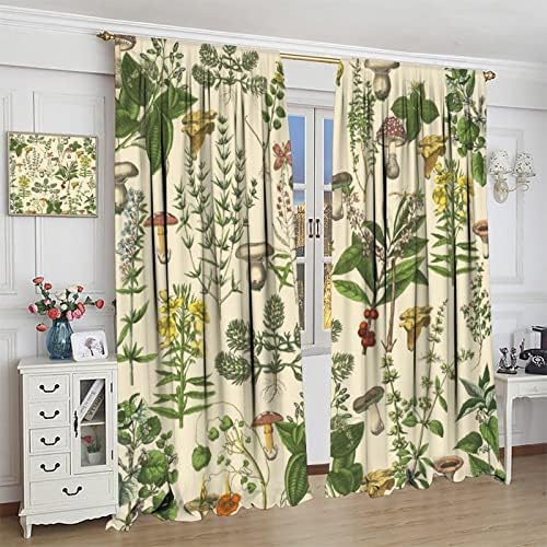 Vintage Botanical Curtains,Antique 1900s Plants Herbs Mushroom Blackout Window Drapes for Kitchen,Boho Retro Wildflower Green Leaf Ferns Farmhouse Window Treatment for Living Room 52x84in