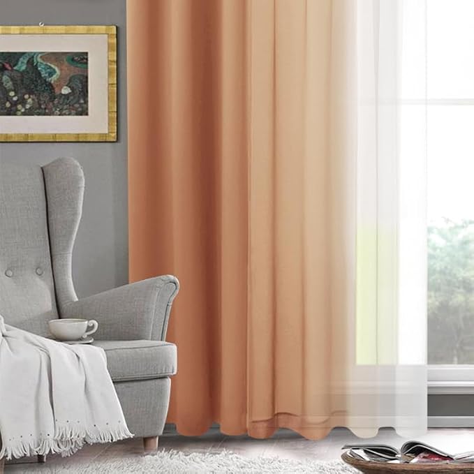 DWCN Faux Linen Ombre Sheer Curtains - 96 inches Long Gradient Semi Voile Curtains for Bedroom and Living Room, Set of 2 Grommet Top Window Curtain Panels, 52 x 96 Inches Long, Burnt Ochre