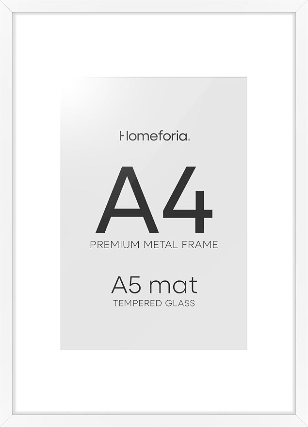 Homeforia A4 Picture Frame White, High End Metal 8.3 x 11.7 Frames for Wall, A4 Photo Frame with Mat for A5 inch Print, 8.25 by 11.75 White Poster Frames, 8.3x11.7 Frame with Glass, Wall Kit, Set of 2