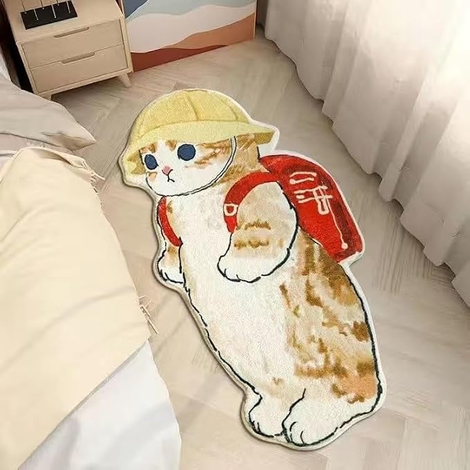 Cat Rugs, 1.3' X 3.9' Small Cute Irregular Shaped Rug for Bedroom Bathroom Room, Funny Cartoon Pet Area Carpet Kid Rugs, Cat Decor Dog Shaped Pet and Children Entryway Runner Rug (F Red Backpack)