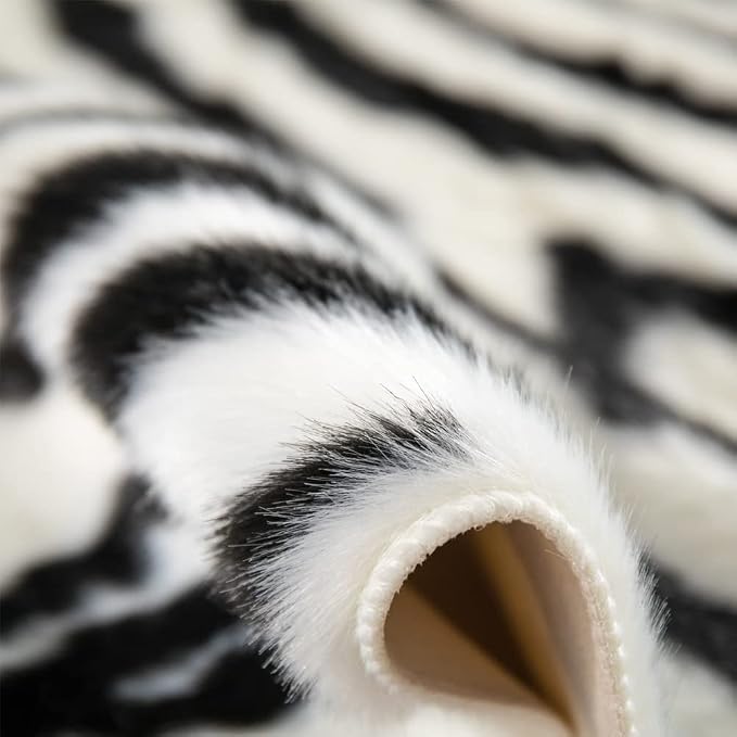 Zebra Print Rug Faux Animal Print Skin Area Rug Cowhide Western Decor Cute Carpet for Bedroom Living Room, 4.9x6.6 Feet