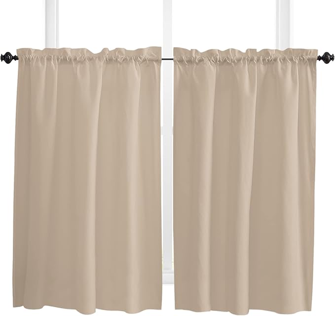 54 Inch Long Tier Curtains for Kitchen, Solid Color Light Khaki Bathroom Window Curtains Rod Pocket Short Curtains Window Treatment Tiers for Living Room Farmhouse 2 Panels