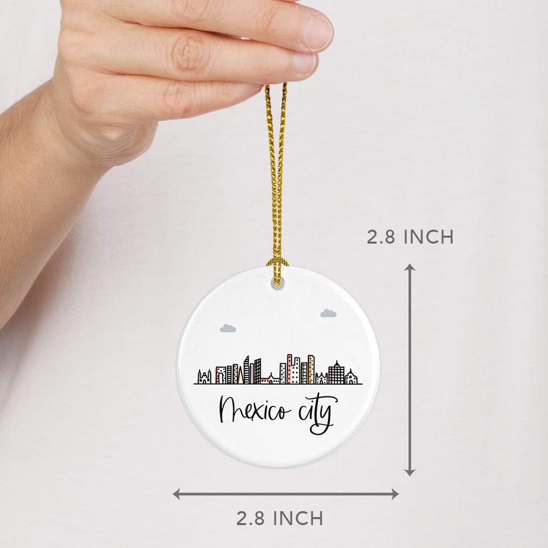 Andaz Press Round Ceramic Porcelain Christmas Tree Ornament Keepsake Gift, Mexico City, Colorful International City Skyline Graphic, 1-Pack, Birthday Family Coworker Him Her, Gift Box