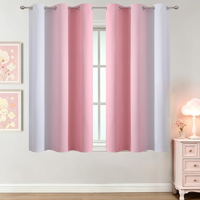 Estelar Textiler Pink and Greyish White Ombre Blackout Curtains 45 Inch Long for Kids Bedroom, Room Darkening Thermal Insulated Grommet Gradient Window Drapes for Living Room/Nursery, 42Wx45L,2 Panels