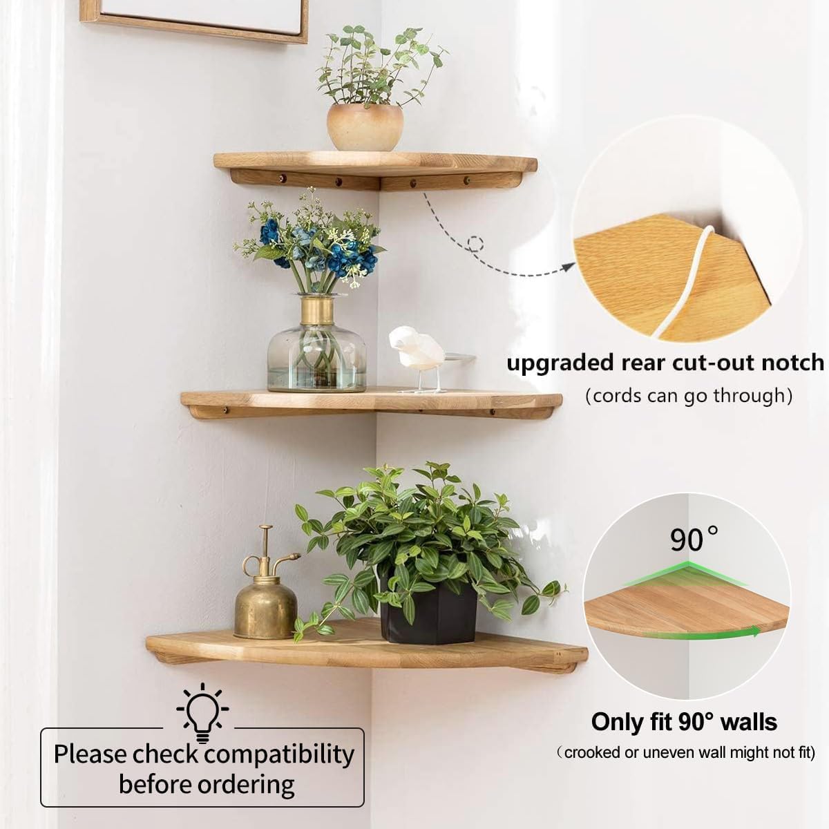 Corner Shelf, Solid Oak Wood Floating Corner Shelf Wall Mount Round End Floating Speaker with Wire Hole for Small Plant Photo for Bedroom Kitchen, Living Room