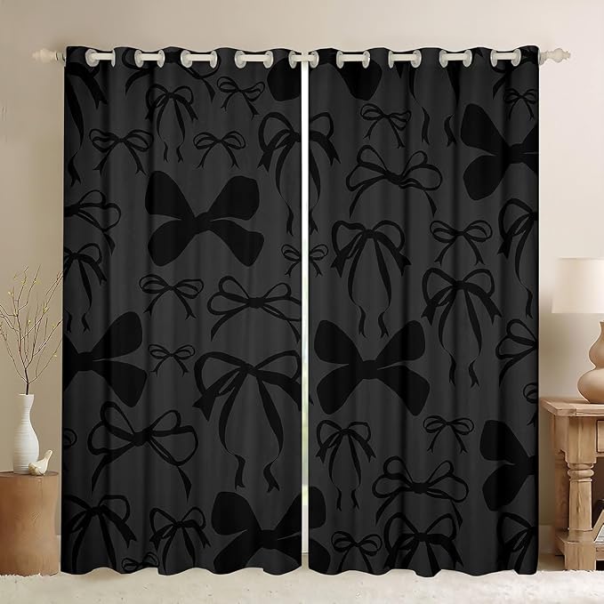 Feelyou Cute Bowknot Room Darkening Blackout Curtain Boys Girls (2 Panels, 38 x 45 Inch) Bow Curtains for Bedroom Living Room Girls Bow Blackout Curtains Kawaii Window Treatments