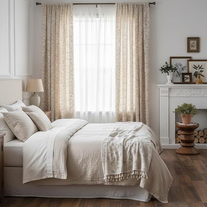 OYX Floral Farmhouse Curtains 96 Inches Long Semi-Blackout Living Room Drapes Cotton Linen Blend Bohemian Window Curtain Panels with Tassel Beige Rod Pocket Bedroom Drapes, 2 Panel