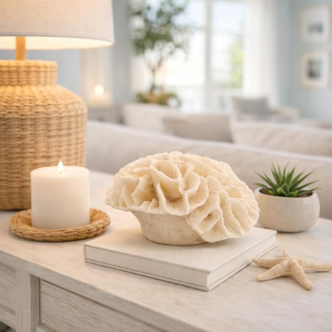 Polyresin Coral Figurine Sculpture – Decorative Accent for Shelf or Table, Coastal-Inspired Design for Living Room or Bedroom – Accent Piece for Any Room, Elegant Home Decor – 6x5x4, Ivory Tan