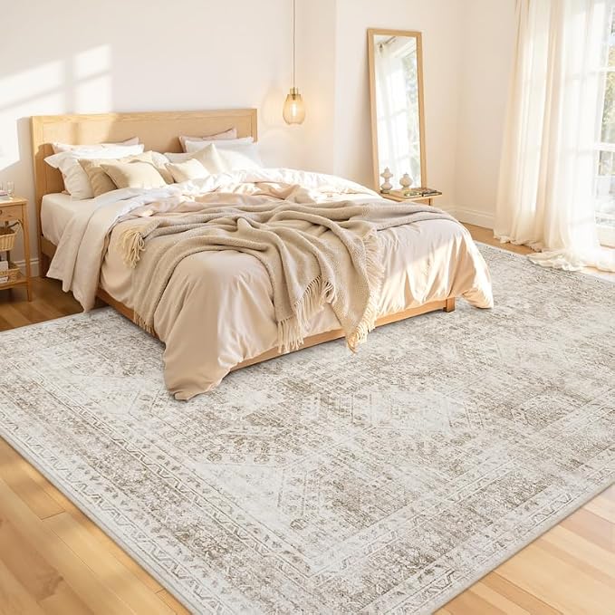 10x14 Area Rug for Living Room: Vintage Boho Neutral Washable Rug Indoor Soft Large Area Rug Carpet for Bedroom Nursery Farmhouse Dining Room Office Floor Non-Slip Low Pile Under Table Rug Brown