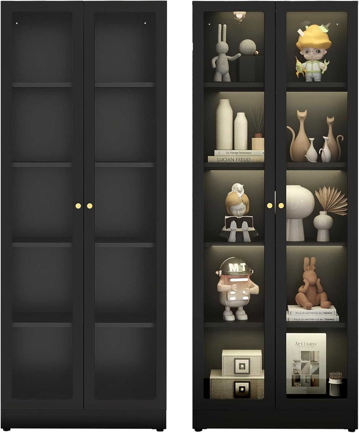 5 Tier Metal Curio Cabinets, Modern Bookshelf Cabinet with 4 Adjustable Shelves, Cabinet Display Case for Home Office, Living Room, Pantry (Black-27.5W)