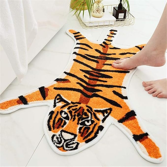 Tiger Print Rug Animal Printed Small Area Rugs Faux Cowhide Skin Leather Nonslip Personalized Bath Carpet Cartoon Rug Bedroom Office Living Room Floor Mat 2.6x1.8Ft/32.2inx21.4in