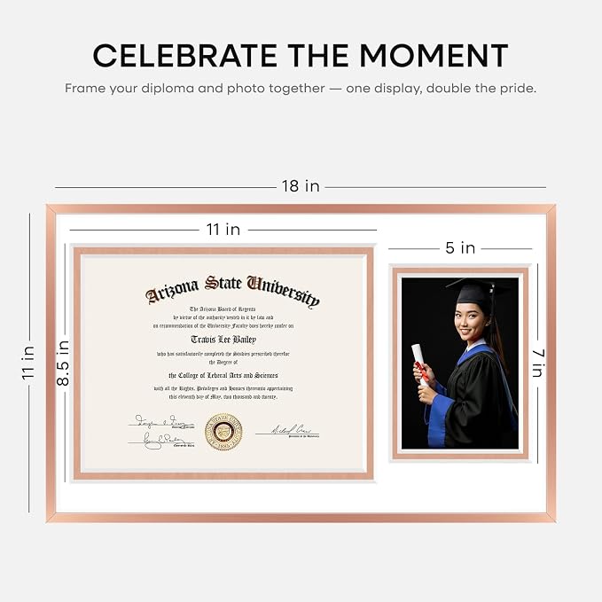 Homeforia 11x18 Diploma Frame with Photo, High End Metal 11 x 18 Rose Gold Certificate Frame with Mat for 8.5x11 Diploma and 5x7 Picture, 11by18 Award Degree Frames, Tempered Glass, Wall Kit, Set of 2