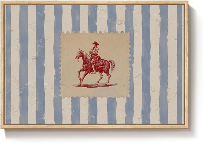 Large Framed Western Cowboy Wall Art for Living Room, Vintage Farmhouse Horse Canvas Prints Paintings, Blue Striped Country Picture Artwork Decor for Bedroom Entryway 36x24 Inch
