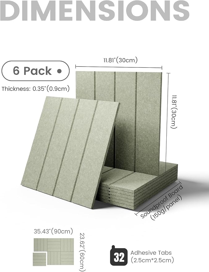 Fluxynara Felt Bulletin Board Tiles Large 36" x 24" Cork Board Alternative-6 Pack with 32 Adhesive Tabs, Thick Slat Wall Panels for Office Decor, Push Pin Board Wall Organizer Alternative - Sage Green