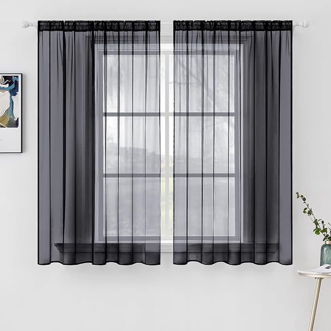 MIULEE 2 Panels Solid Color Sheer Window Curtains Elegant Halloween Window Voile Panels/Drapes/Treatment for Bedroom Living Room (54X54 Inches Black)