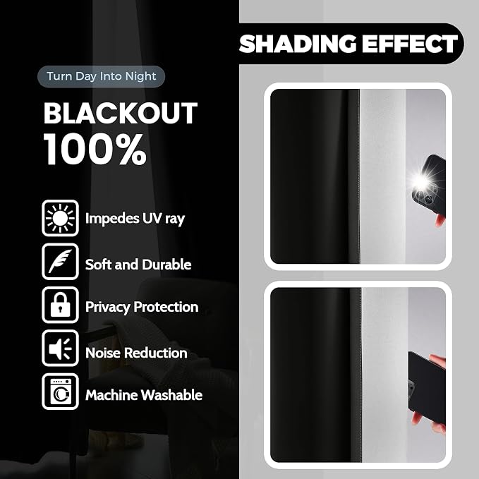 Yakamok 100% Blackout Curtains Ombre Black Curtains for Bedroom 63 Inch | 2 Layers,Room Darkening Grommet Gradient Drapes,Light Blocking Thermal Insulated Window Curtains for Living Room 52W x 63 L