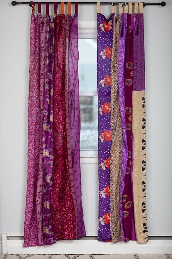Rajbhoomi Sari Colorful Curtains Light-Filtering – Boho Curtains, Bed Canopy Panel, Tapestry or Window Treatment Purple Color (84 X 43 Inches)