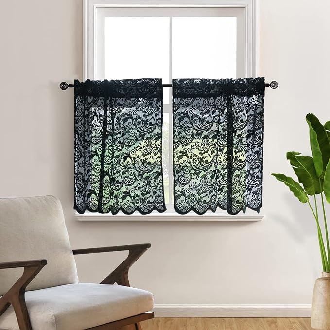 ALIGOGO Black Lace Curtains 24 inch Length Goth Kitchen Window Small Curtains for Door Window Decor Privacy Tier Curtain Rod Pocket Bathroom Laundry Room RV 2 Panels, 52 x 24 Inch