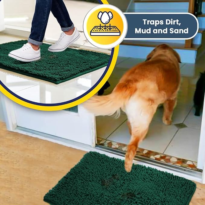 Muddy Mat® | Super Water Absorbent Door Mat Indoor, Microfiber Quick Dry Chenille Entryway Rug,Slip Resistant Front Door Mat,Indoor Mats for Entryway,Machine Washable Pet Rug, Dark Green 36" x 120"