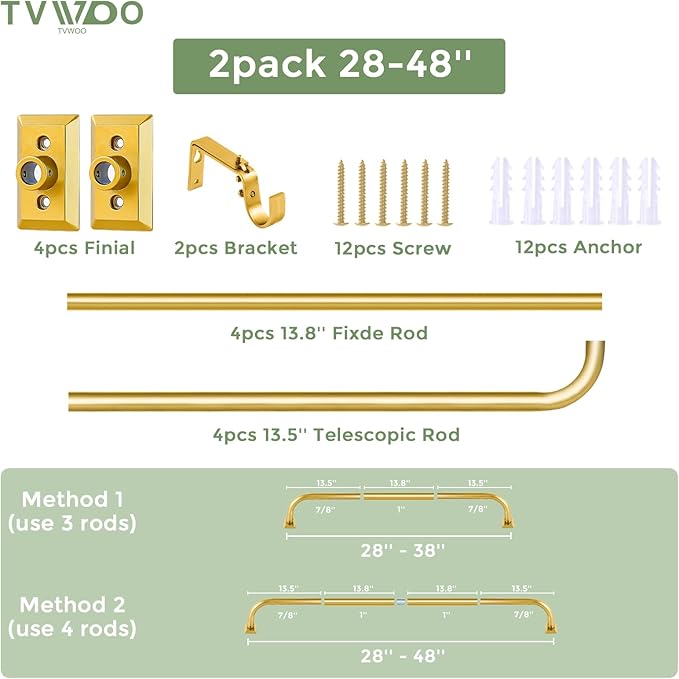 TVWOO Gold Wrap Around Curtain Rods 2 Pack:Blackout Adjustable Window Curtain Rod,Room Darkening Heavy Duty Curved French Metal Single Drapery Rods for Bedroom Kitchen Easy Install,Brass Gold 28-48"