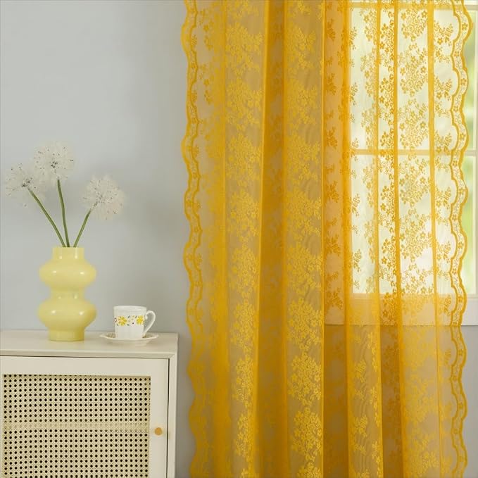 YJ YANJUN Vintage Lace Curtains 96 Inches Long-Victorian Floral Mustard Yellow Sheer Curtain Panels for Living Room Bedroom,Light Filtering, Retro Mid Century Modern Summer Drapes2 Panels 52W x 96L