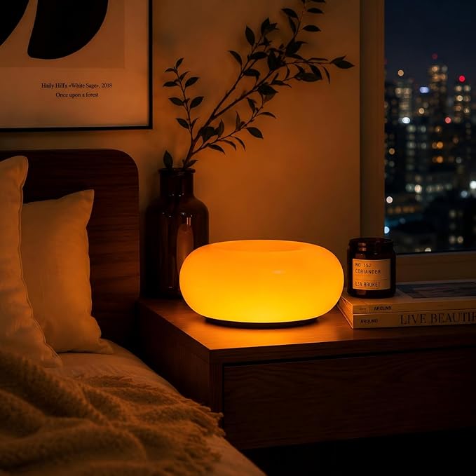 Bofea-Modern Orange Donut Lamp,Plug-in Bedside Lamp Or Plug-in Wall Sconces,Mid Century Modern Decor Wall Mount Lamps,Creative Orange Light for Living Room,Reading Room,Hallway Ambient Lighting | Orange Glass Donut Lamp,Stepless Dimming,Warm Ambient Li...