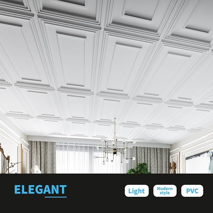Art3d Drop Ceiling Tiles, 24x48in. White (12-Pack), Polyvinyl Chloride (PVC), Glue Down