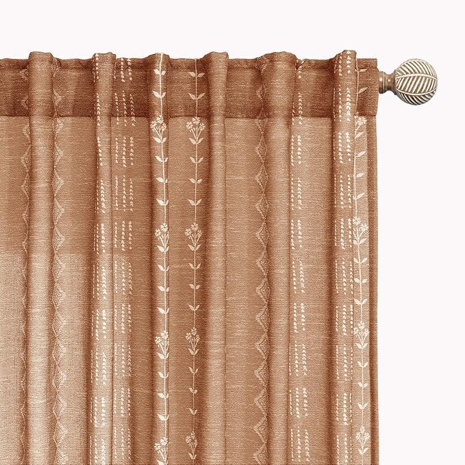 Terracotta Sheer Linen Boho Patterned Curtains 64 Inches Long for Living Room 2 Panel Sets